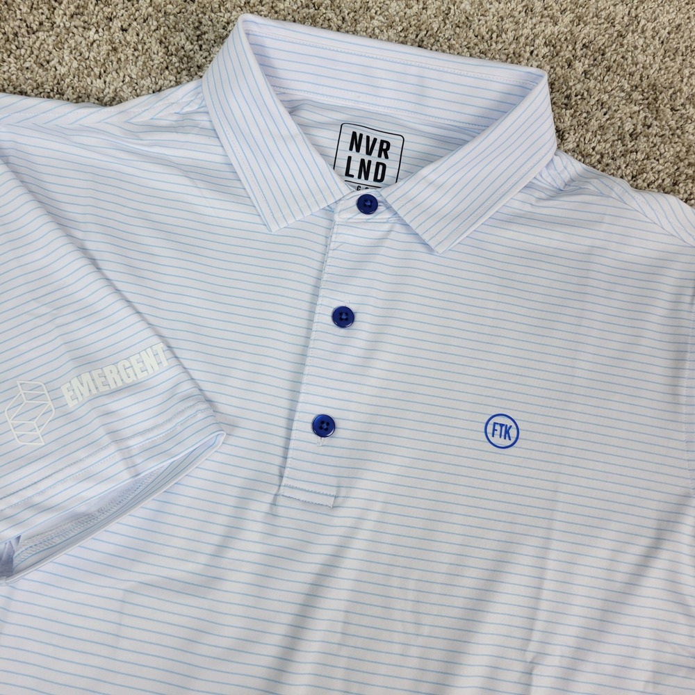 NVR LND CC Polo Shirt Mens Large White Blue Striped Short Sleeve Golf FTK Logo
